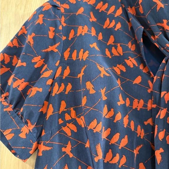 Pink Martini Navy Dress with Red/Orange Bird Design 50’s Vibes Tie Neck Vintage - Picture 2 of 14